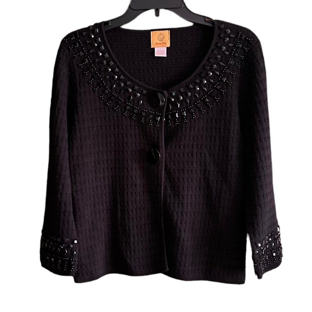 ❤️ Ruby Rd Knit Cardigan Beaded Accents Black